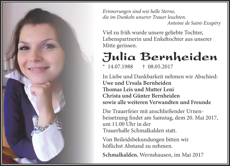  Traueranzeige für Julia Bernheiden vom 15.05.2017 aus Südthüringer Presse