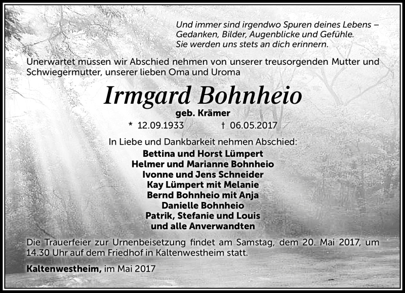  Traueranzeige für Irmgard Bohnheio vom 17.05.2017 aus Südthüringer Presse