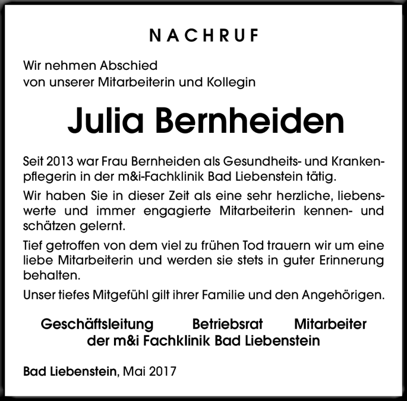  Traueranzeige für Julia Bernheiden vom 20.05.2017 aus Südthüringer Presse