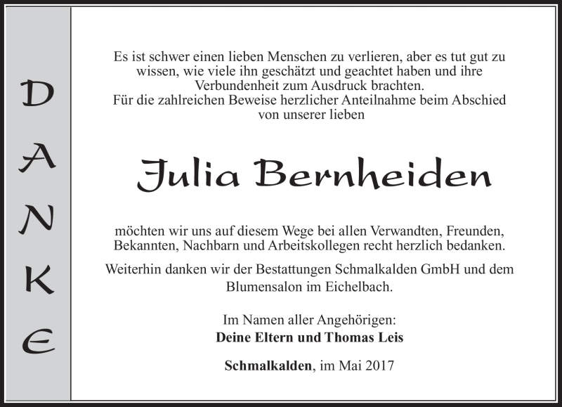  Traueranzeige für Julia Bernheiden vom 25.05.2017 aus Südthüringer Presse