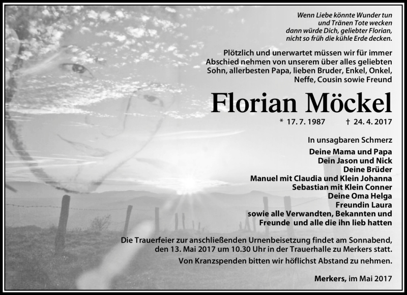  Traueranzeige für Florian Möckel vom 10.05.2017 aus Südthüringer Presse