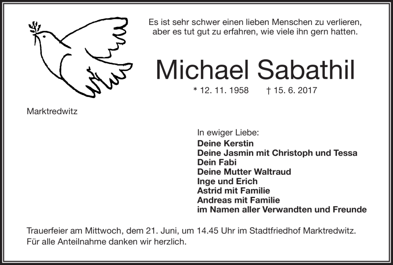  Traueranzeige für Michael Sabathil vom 17.06.2017 aus Frankenpost