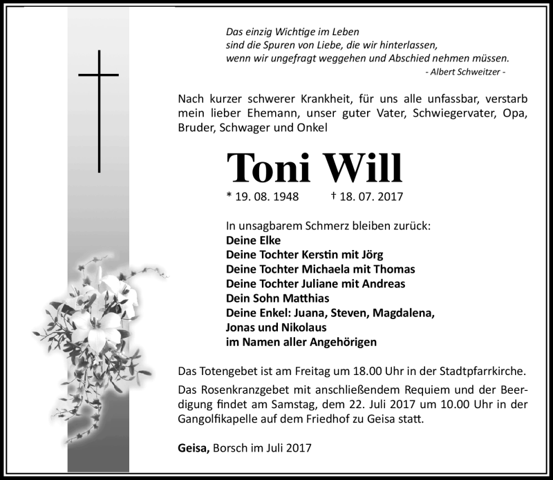  Traueranzeige für Toni Will vom 20.07.2017 aus Südthüringer Presse