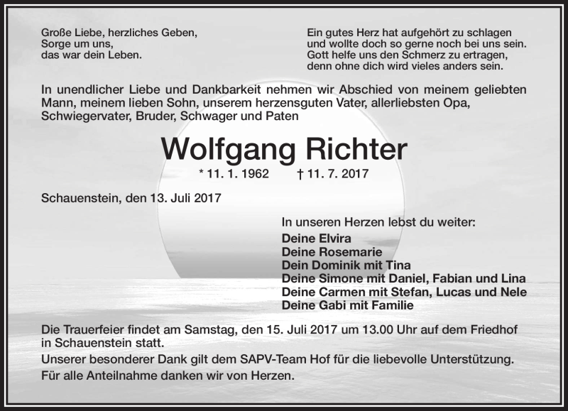  Traueranzeige für Wolfgang Richter vom 13.07.2017 aus Frankenpost