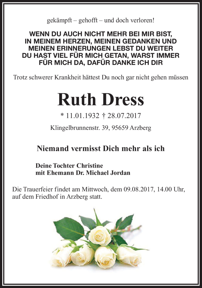  Traueranzeige für Ruth Dress vom 07.08.2017 aus Frankenpost