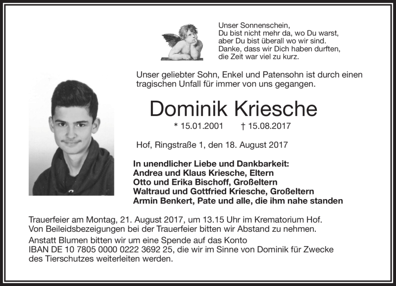  Traueranzeige für Dominik Kriesche vom 18.08.2017 aus Frankenpost