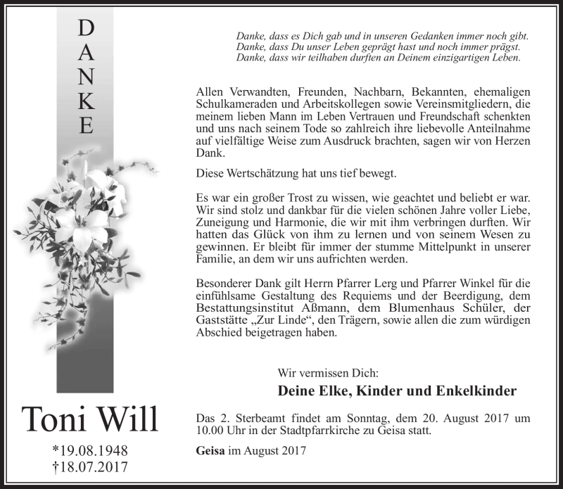  Traueranzeige für Toni Will vom 19.08.2017 aus Südthüringer Presse