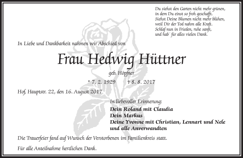  Traueranzeige für Hedwig Hüttner vom 16.08.2017 aus Frankenpost