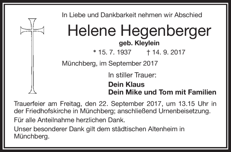  Traueranzeige für Helene Hegenberger vom 20.09.2017 aus Frankenpost