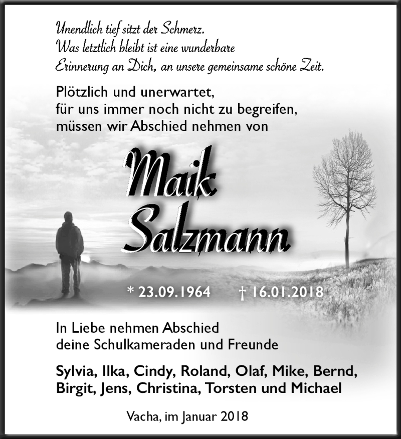  Traueranzeige für Maik Salzmann vom 29.01.2018 aus Südthüringer Presse