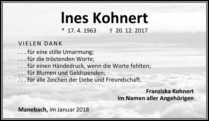  Traueranzeige für Ines Kohnert vom 20.01.2018 aus Südthüringer Presse