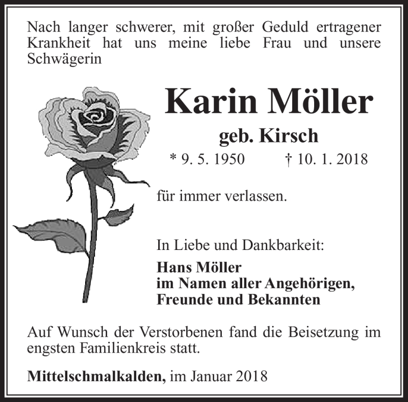  Traueranzeige für Karin Möller vom 20.01.2018 aus Südthüringer Presse