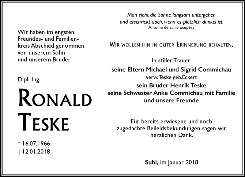  Traueranzeige für Ronald Teske vom 27.01.2018 aus Südthüringer Presse