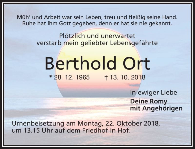  Traueranzeige für Berthold Ort vom 18.10.2018 aus Frankenpost