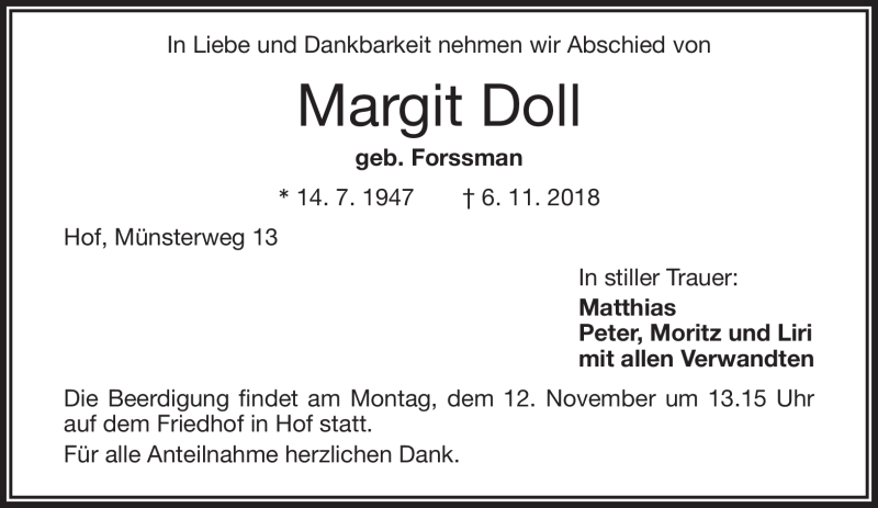  Traueranzeige für Margit Doll vom 09.11.2018 aus Frankenpost