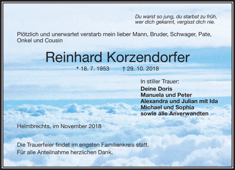  Traueranzeige für Reinhard Korzendorfer vom 03.11.2018 aus Frankenpost