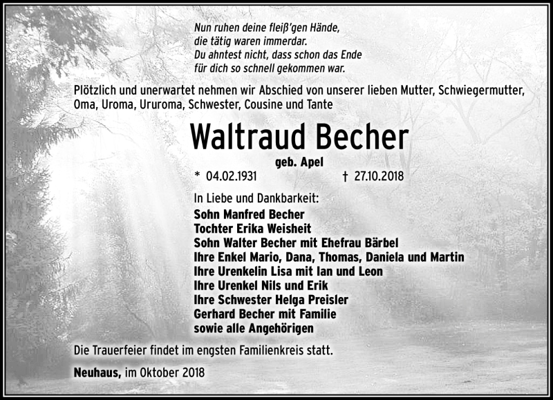  Traueranzeige für Waltraud Becher vom 02.11.2018 aus Südthüringer Presse