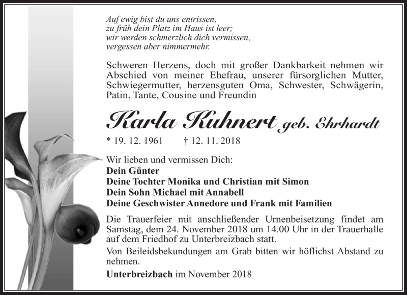  Traueranzeige für Karla Kuhnert vom 20.11.2018 aus Südthüringer Presse