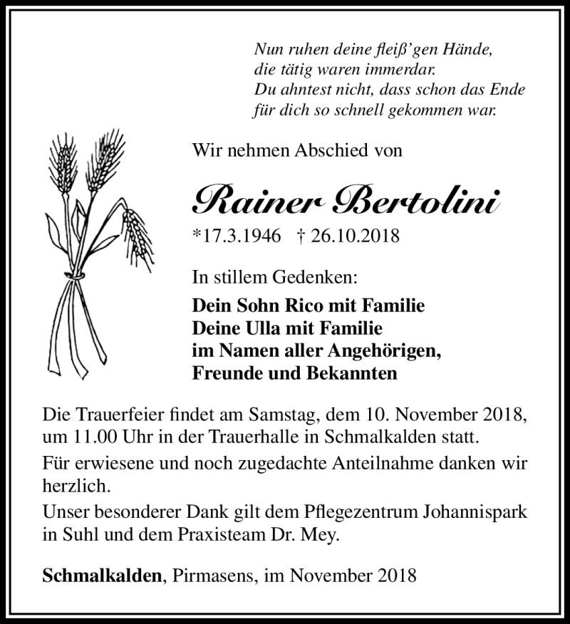 Traueranzeige für Rainer Bertolini vom 03.11.2018 aus Südthüringer Presse