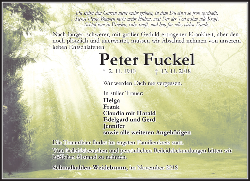  Traueranzeige für Peter Fuckel vom 17.11.2018 aus Südthüringer Presse