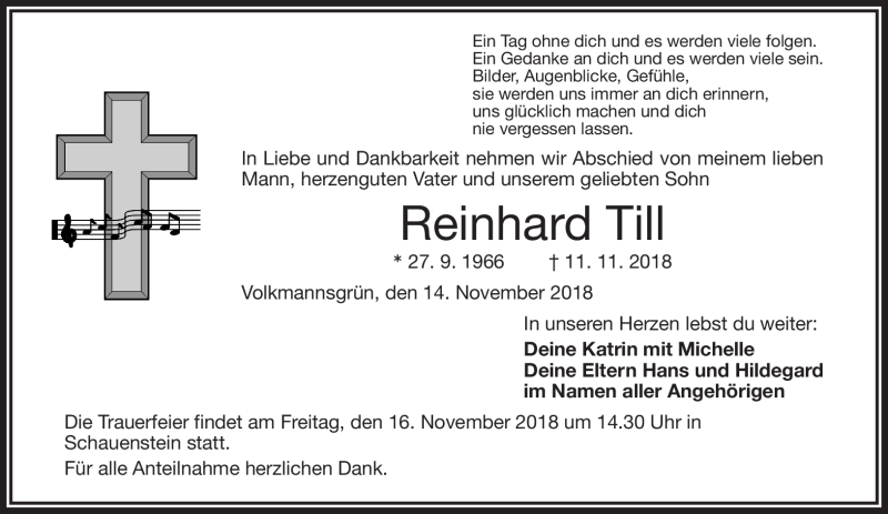  Traueranzeige für Reinhard Till vom 14.11.2018 aus Frankenpost