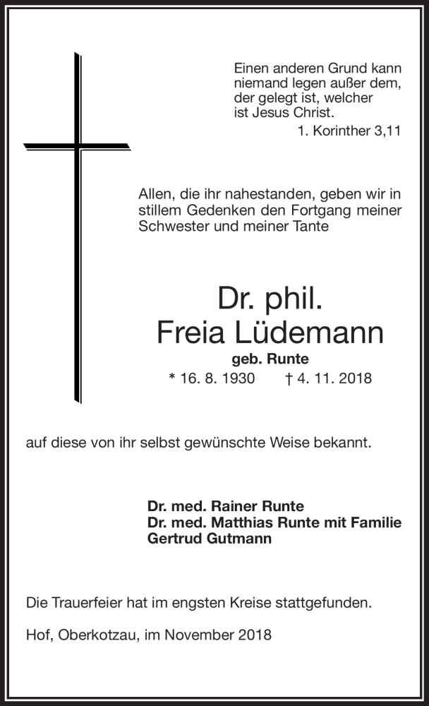  Traueranzeige für Freia Dr.phil. Lüdemann vom 17.11.2018 aus Frankenpost