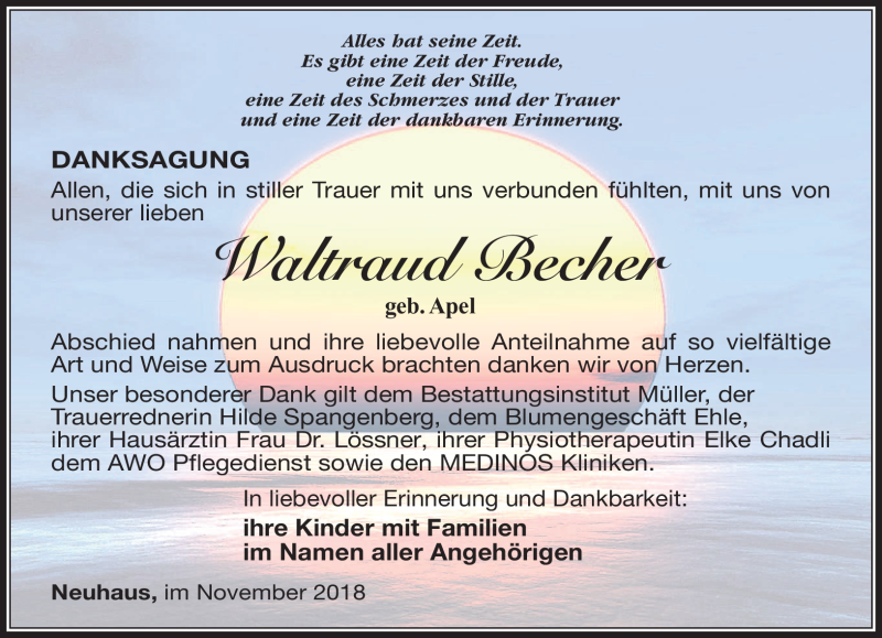  Traueranzeige für Waltraud Becher vom 10.11.2018 aus Südthüringer Presse