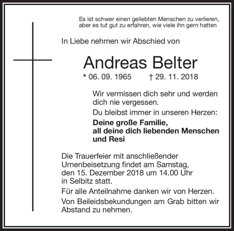  Traueranzeige für Andreas Belter vom 13.12.2018 aus Frankenpost