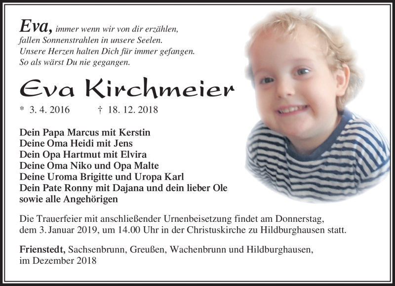  Traueranzeige für Eva Kirchmeier vom 22.12.2018 aus Südthüringer Presse