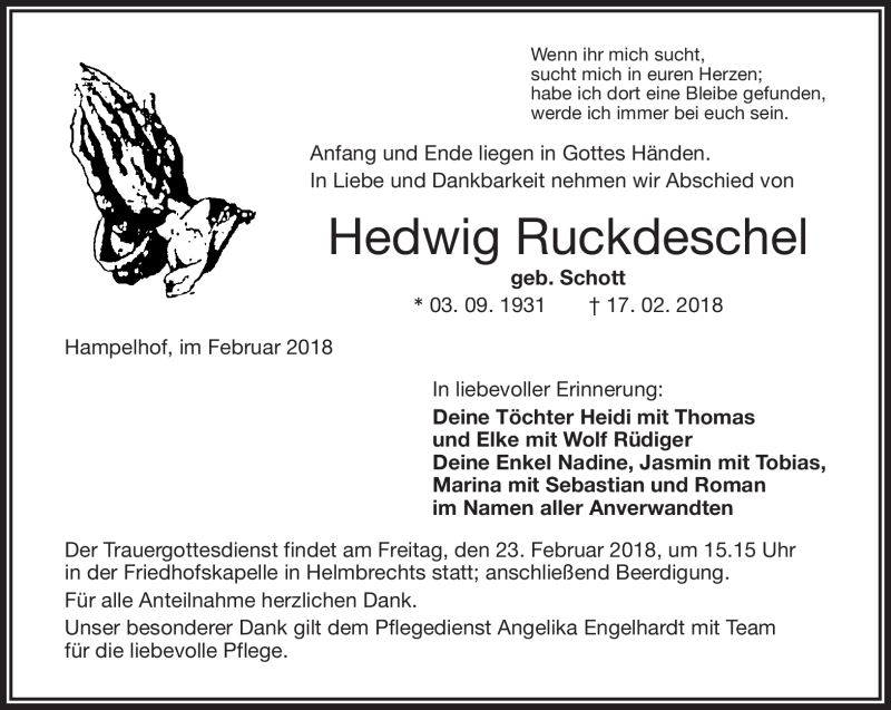  Traueranzeige für Hedwig Ruckdeschel vom 21.02.2018 aus Frankenpost