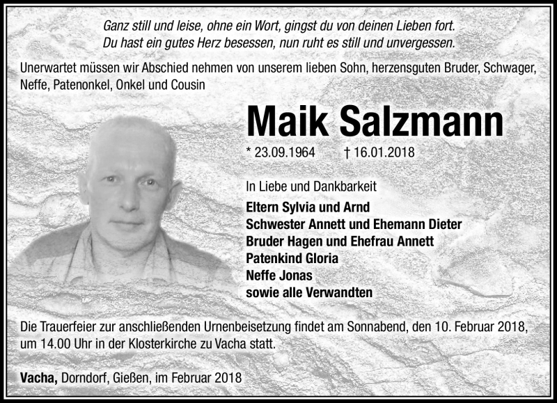  Traueranzeige für Maik Salzmann vom 06.02.2018 aus Südthüringer Presse
