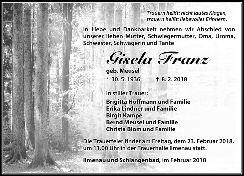  Traueranzeige für Gisela Franz vom 17.02.2018 aus Südthüringer Presse