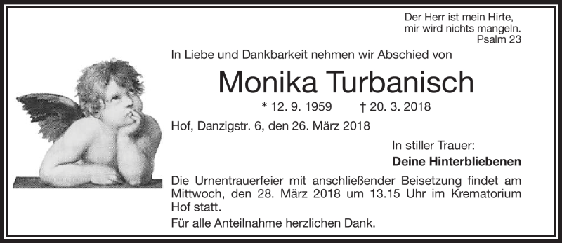  Traueranzeige für Monika Turbanisch vom 26.03.2018 aus Frankenpost