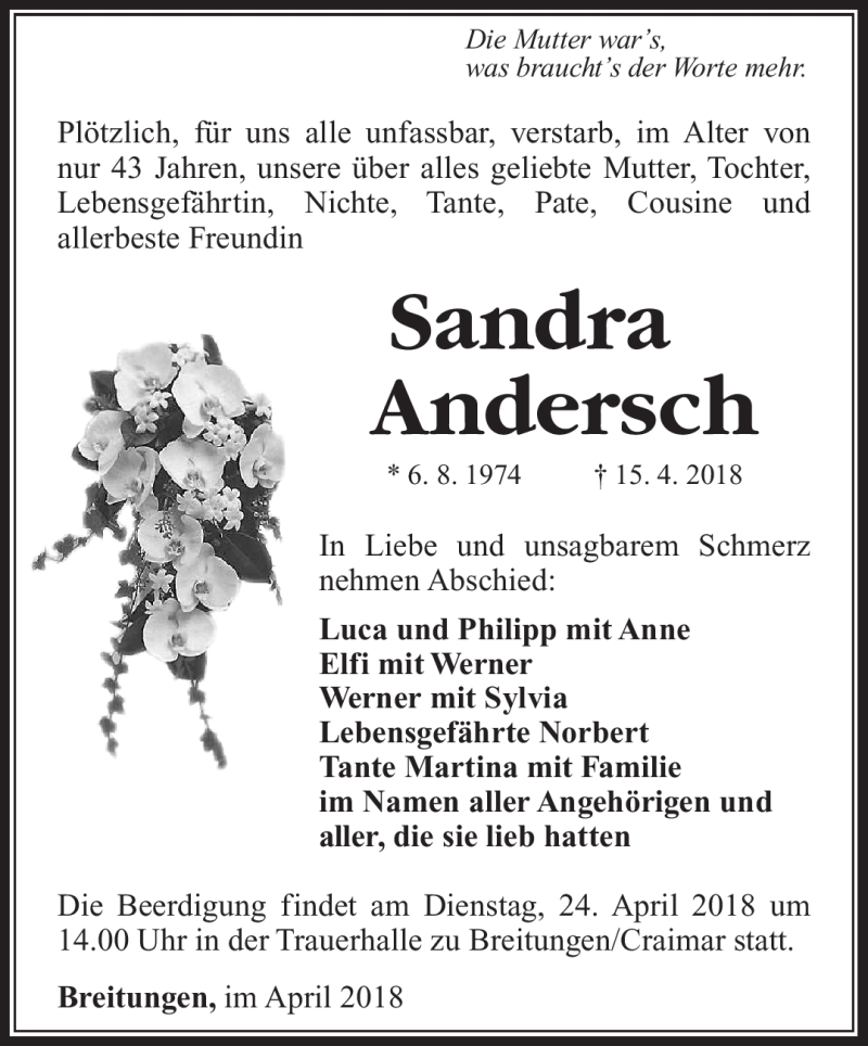  Traueranzeige für Sandra Andersch vom 21.04.2018 aus Südthüringer Presse