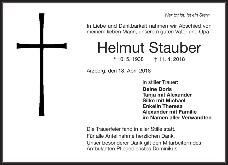  Traueranzeige für Helmut Stauber vom 18.04.2018 aus Frankenpost