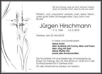 Traueranzeige von Jürgen Hirschmann von Frankenpost