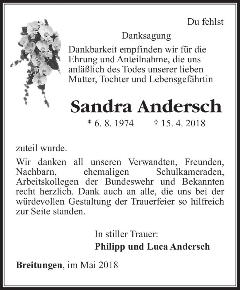  Traueranzeige für Sandra Andersch vom 12.05.2018 aus Südthüringer Presse