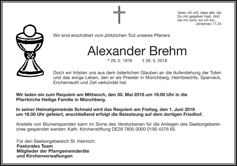  Traueranzeige für Alexander Brehm vom 29.05.2018 aus Frankenpost
