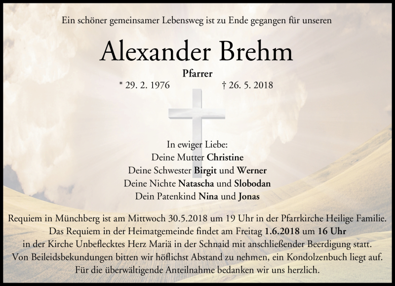  Traueranzeige für Alexander Brehm vom 30.05.2018 aus Neue Presse Coburg
