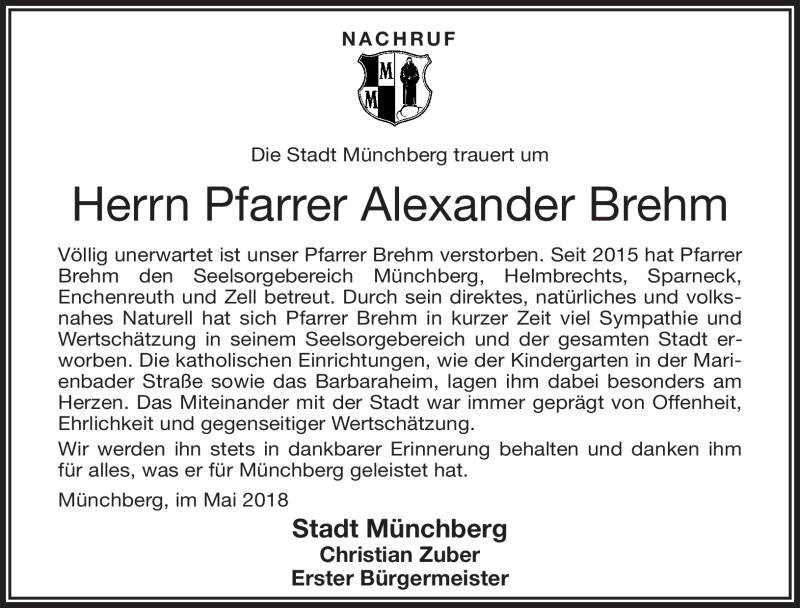  Traueranzeige für Alexander Brehm vom 30.05.2018 aus Frankenpost