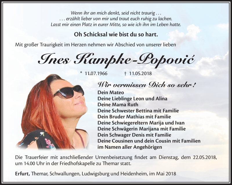  Traueranzeige für Ines Kampke-Popovic vom 17.05.2018 aus Südthüringer Presse