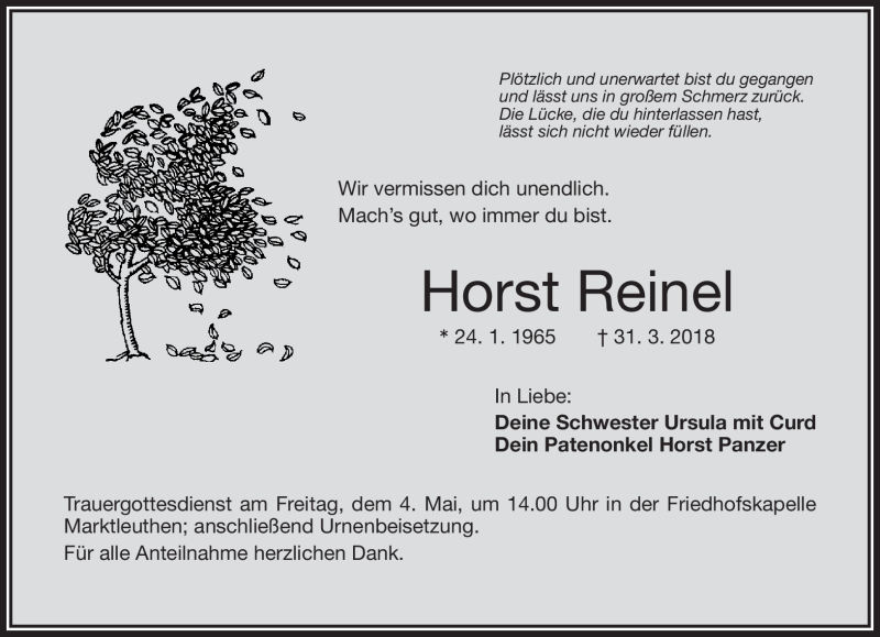  Traueranzeige für Horst Reinel vom 01.05.2018 aus Frankenpost