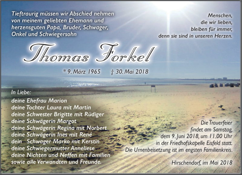  Traueranzeige für Thomas Forkel vom 02.06.2018 aus Südthüringer Presse