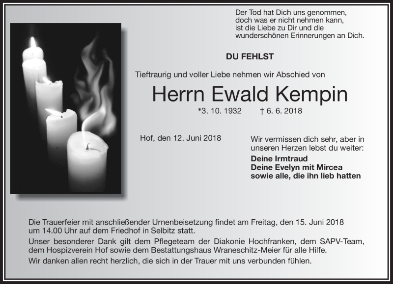  Traueranzeige für Ewald Kempin vom 12.06.2018 aus Frankenpost