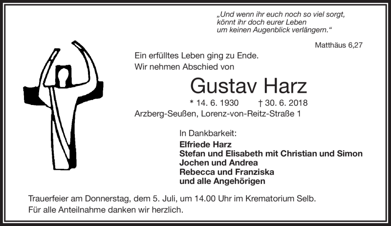  Traueranzeige für Gustav Harz vom 04.07.2018 aus Frankenpost