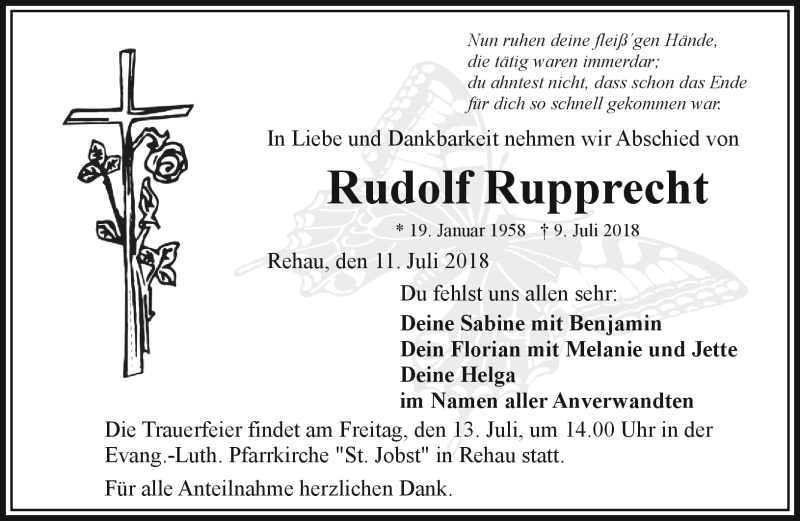  Traueranzeige für Rudolf Rupprecht vom 11.07.2018 aus Frankenpost