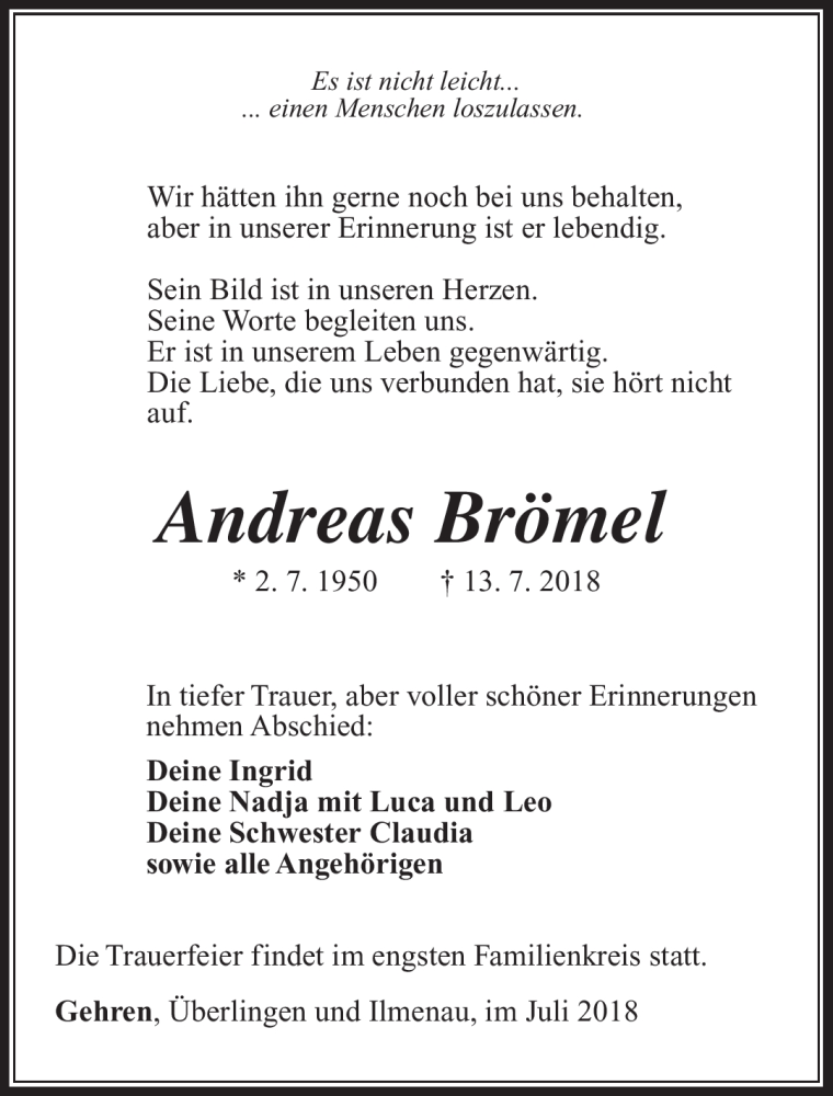  Traueranzeige für Andreas Brömel vom 21.07.2018 aus Südthüringer Presse