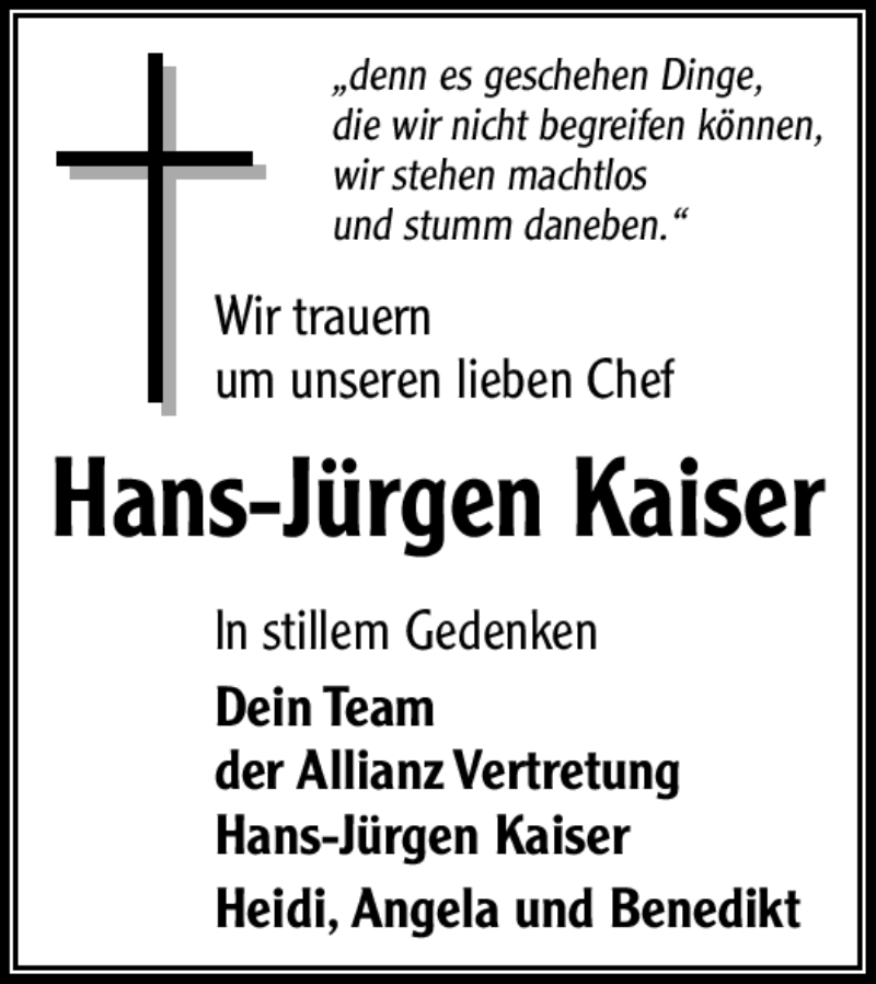  Traueranzeige für Hans-Jürgen Kaiser vom 15.08.2018 aus Frankenpost