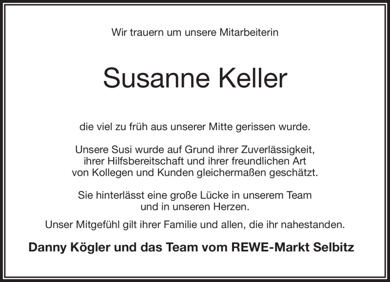  Traueranzeige für Susanne Keller vom 14.09.2018 aus Frankenpost