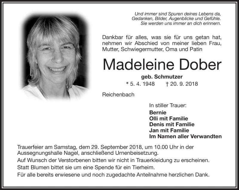  Traueranzeige für Madeleine Dober vom 27.09.2018 aus Frankenpost